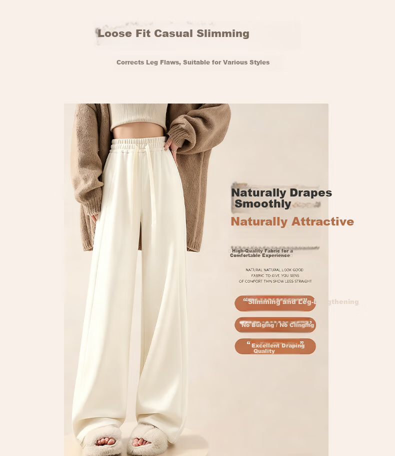 Baleno Women's Navy Blue Fleece-Lined Wide-Leg Pants High-Waist Straight-Leg Sports Casual Thickened Trousers Autumn Winter 3
