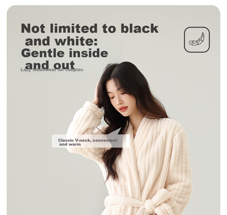 MiiOW [Warm Long Plush] Women's Couple Sleepwear Autumn Winter Striped Long Warm Simple Bathrobe Beige 3