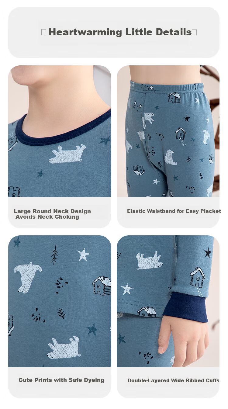 Hodohome Kids Girls Cotton Antibacterial Thin Thermal Underwear Set 7A Round Neck Printed Warm Pajamas 108 150 7