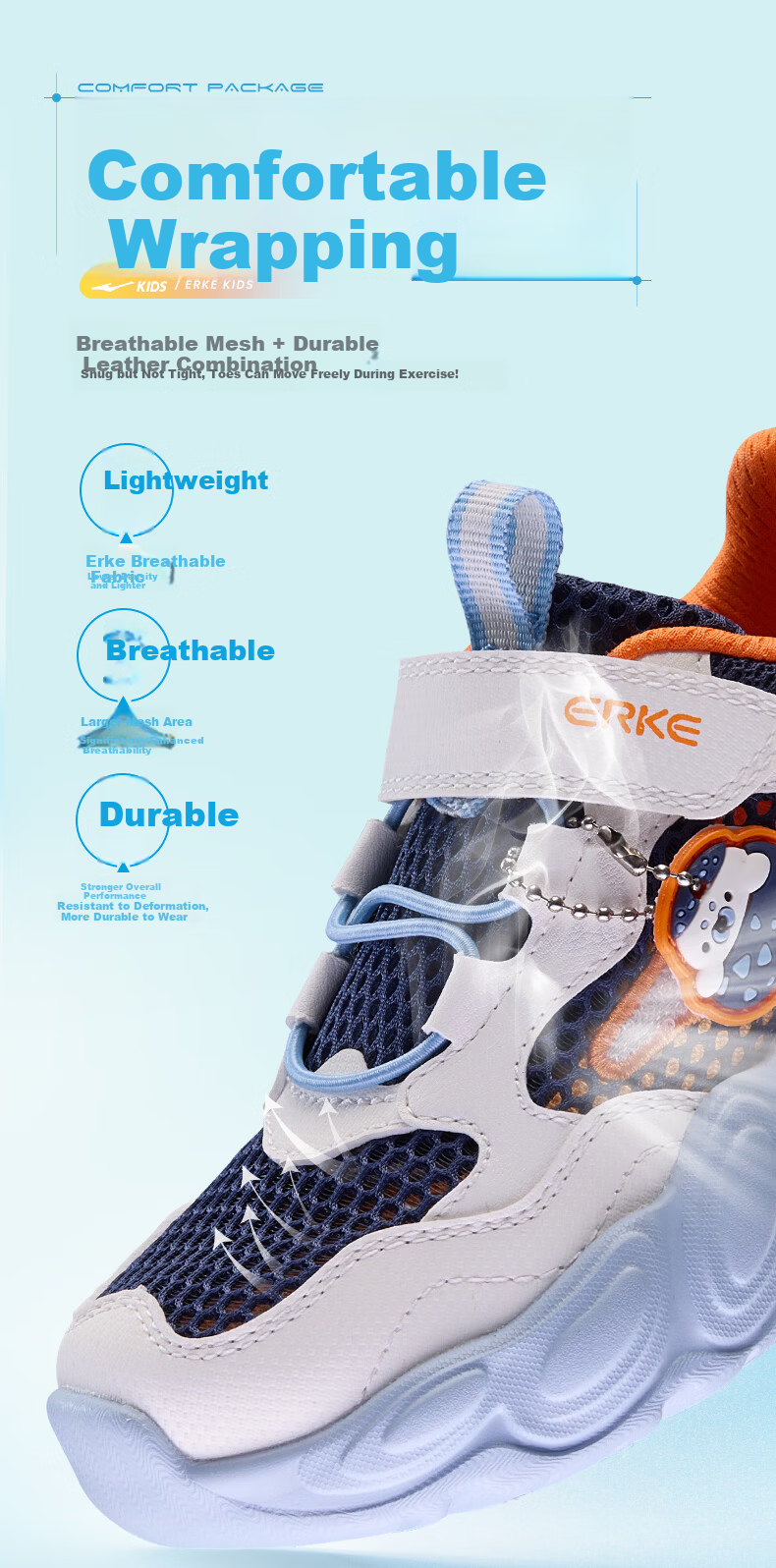 ERKE Kids Summer Casual Shoes Boys and Girls Toddler Sports Shoes Ink Blue/Microcrystalline White/Wild Gray Size 32 3