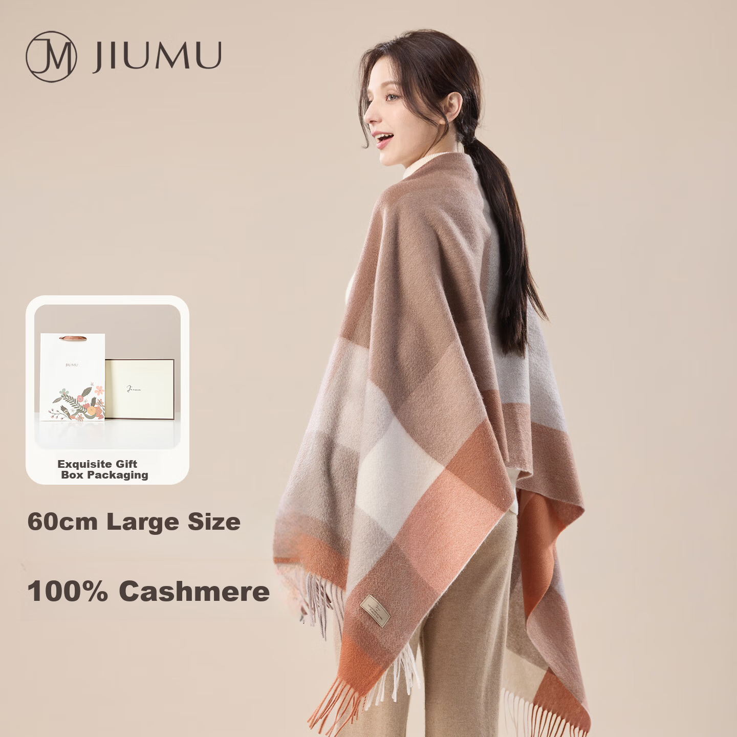 JIUMU 100% Cashmere Scarf for Women Warm Shawl Air Conditioning Cape Birthday Gift for Mom and Girls Gift Box Set