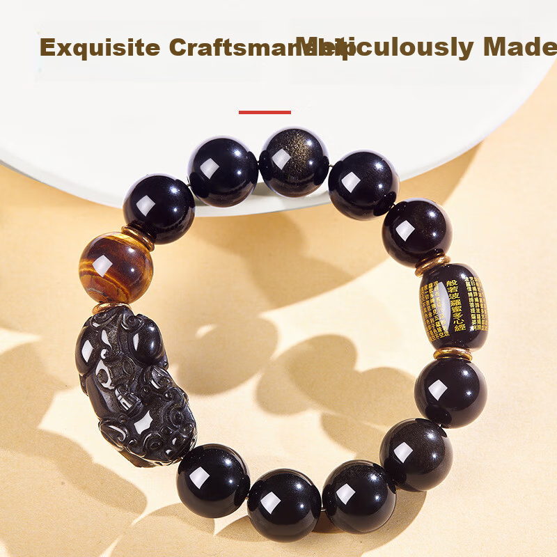 Emei Mountain Obsidian Bracelet Wealth Pixiu Men's Gold Obsidian Spinning Heart Sutra Amulet Gift for Boyfriend 14mm