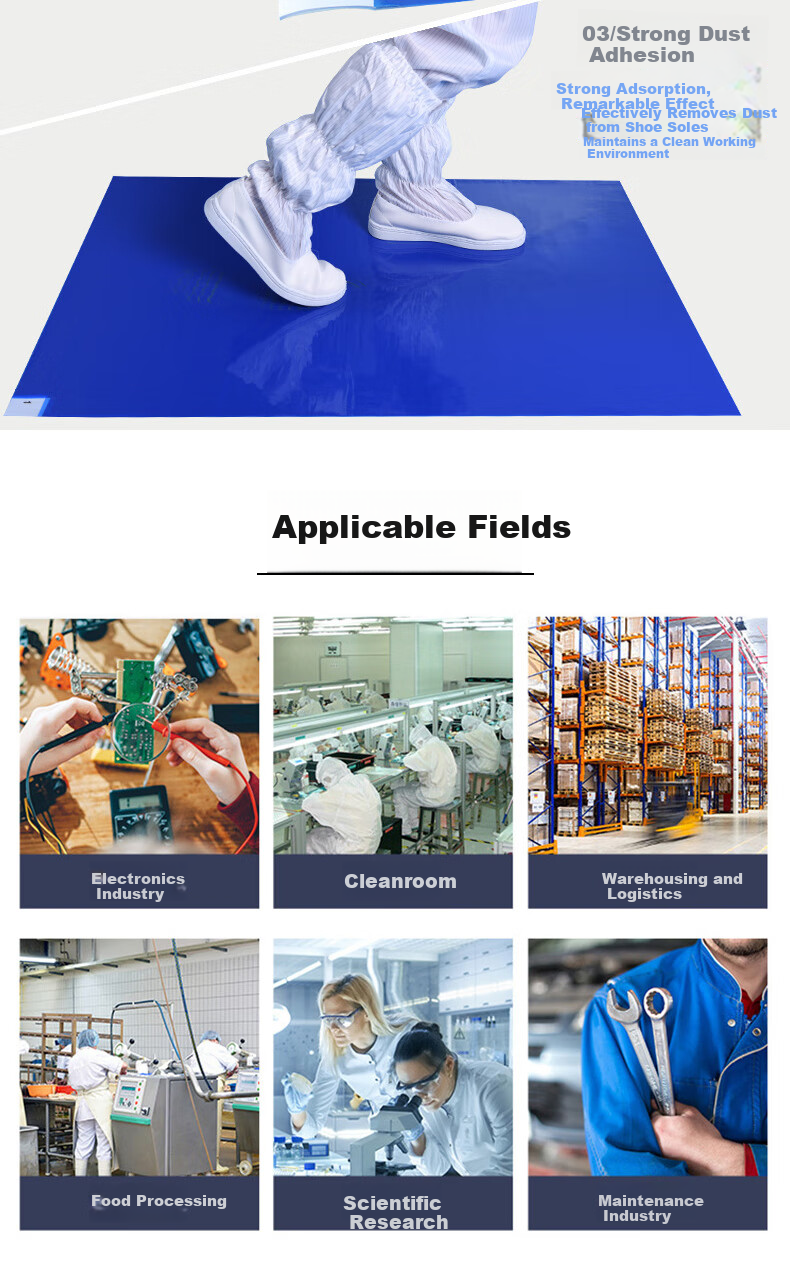 Kyusen Dust Removal Mat Cleanroom Adhesive Floor Mat Peelable Shoe Dust Mat Entrance Floor Mat Disposable Dust Removal Mat for Machine Room Workshop Blue 60CM*90CM 30 Sheets 9