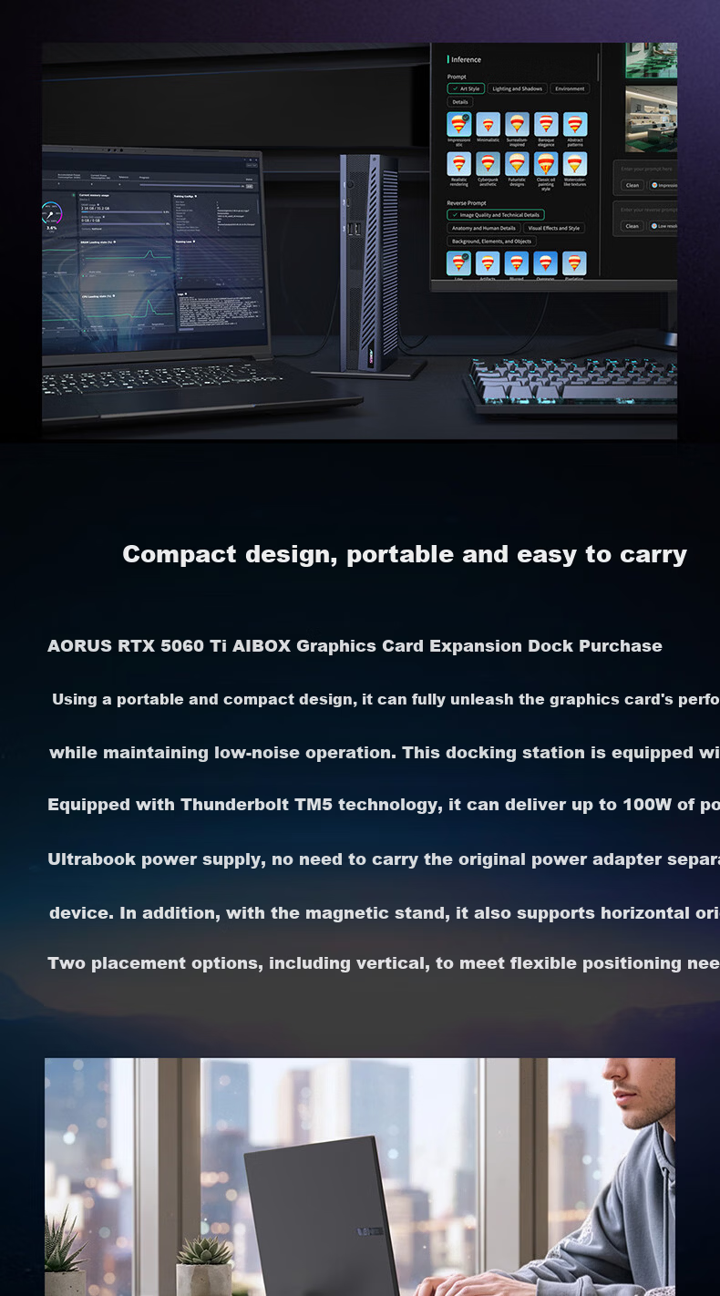 GIGABYTE AORUS RTX 5060Ti AI BOX 16GB Graphics Card Dock DLSS4 Thunderbolt 5 USB4 Plug and Play 100W Power Supply Design Rendering AI Model Application 4