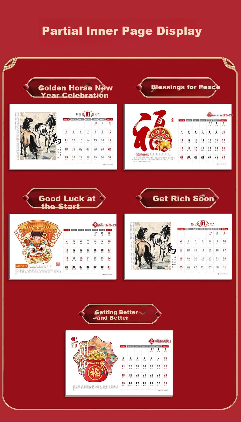 Muulee 2026 Custom Large Chinese Red Festive Triangle Desk Calendar Corporate Gift Business Desktop Calendar Year of the Horse New Monthly Calendar 7