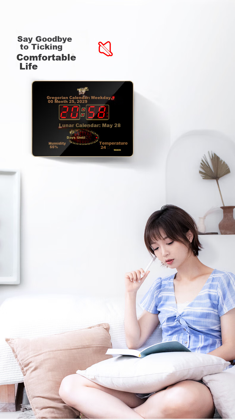 HoTai LED Digital Electronic Wall Clock Perpetual Calendar, Living Room Creative Calendar Clock with Temperature And Humidity Display, Wall-Mounted 3958C Red Light 3