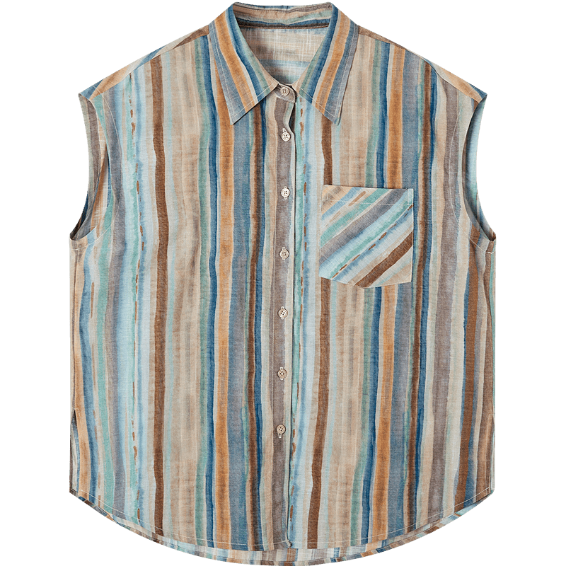 Demana Fresh Cotton Summer Urban Vintage Retro Collar Short Sleeve Striped Printed Loose Slim Shirt for Women Premium Quality