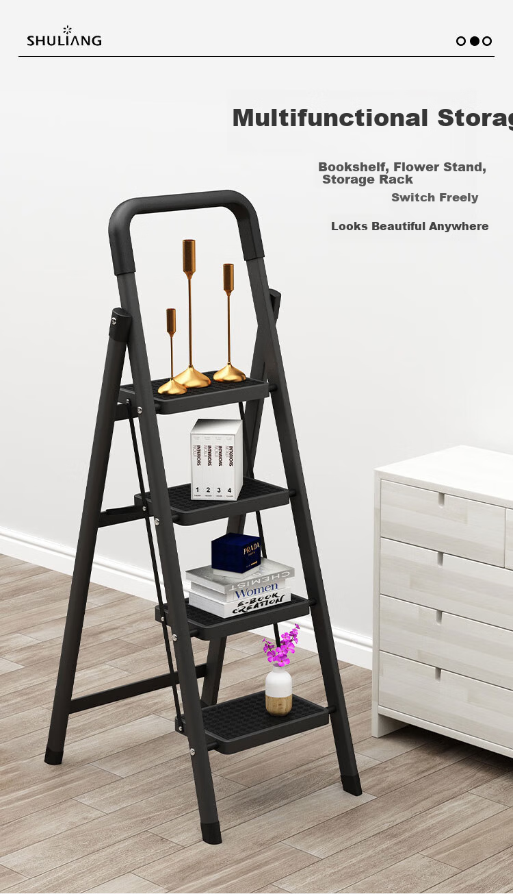 SHULIANG Household Indoor Folding Ladder Thickened Four-Step Engineering Ladder Black Obsidian Carbon Steel Ladder Height 3.2 Meters 8