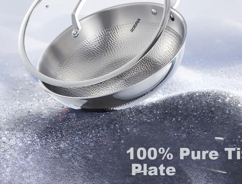 Robam Titanium Frying Pan Pure Titanium Non-Stick Coating-Free Wok Hammered Texture Low Oil Smoke Pan Compatible with Gas and Induction Cookers 32cm 4