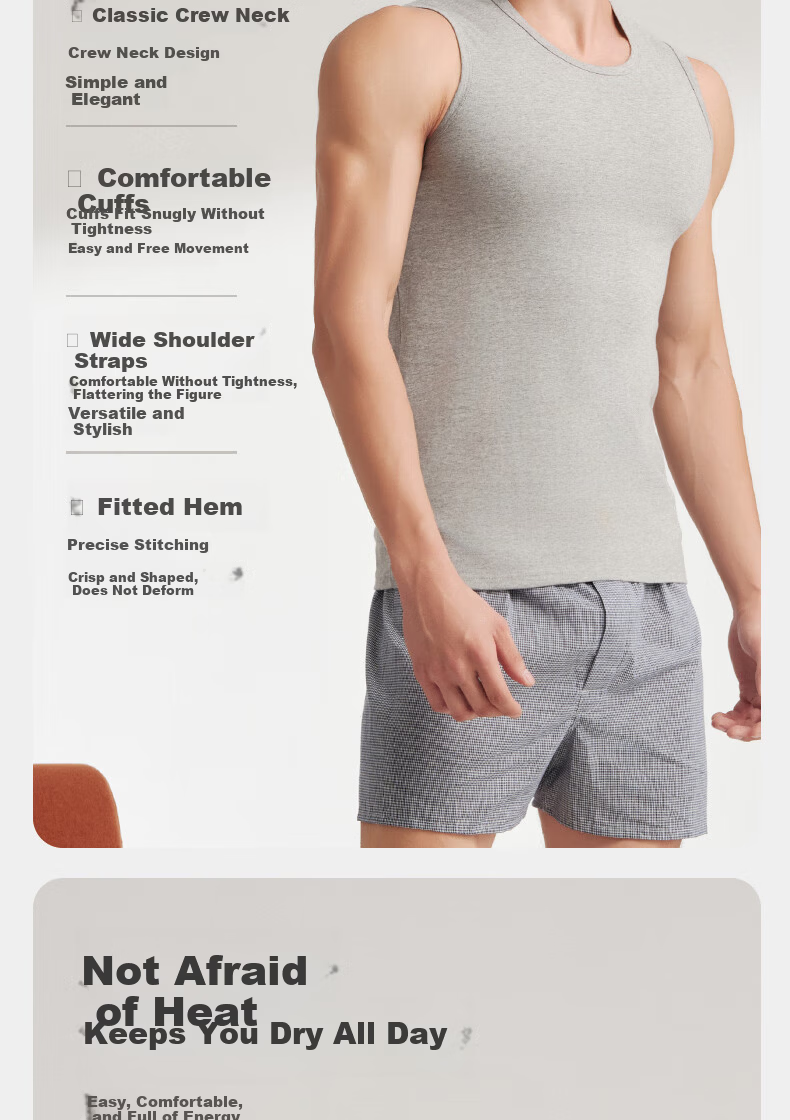 Yiershuang 100% Cotton Wide Shoulder Vest Men's Ribbed Breathable Sports Sleeveless T-Shirt Undershirt 5