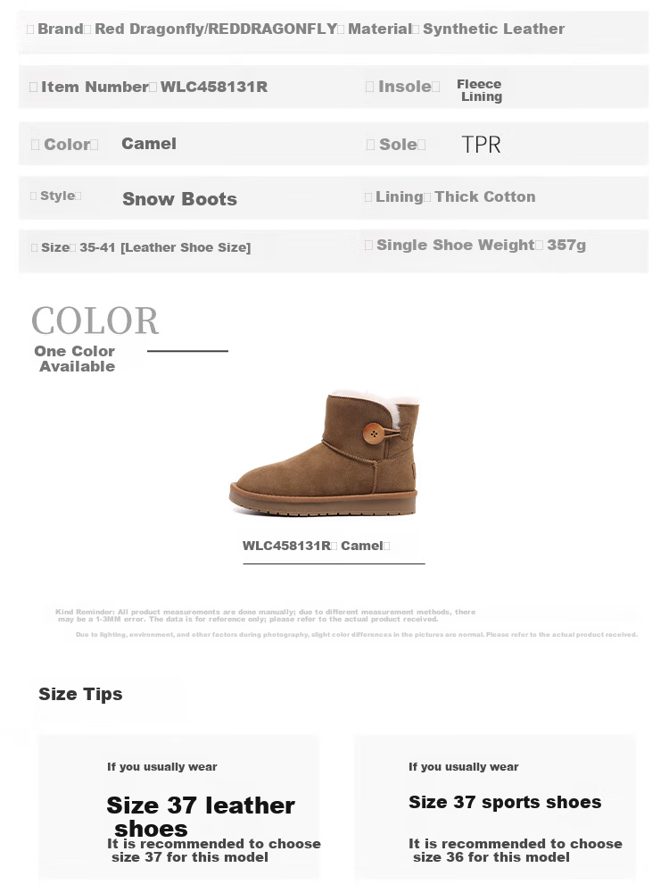 Red Dragonfly Women's Snow Boots Winter Fleece Lined Fashionable Northeast Cotton Shoes Lightweight Cold Resistant Versatile Cotton Boots WLC458131R Camel Size 36 6