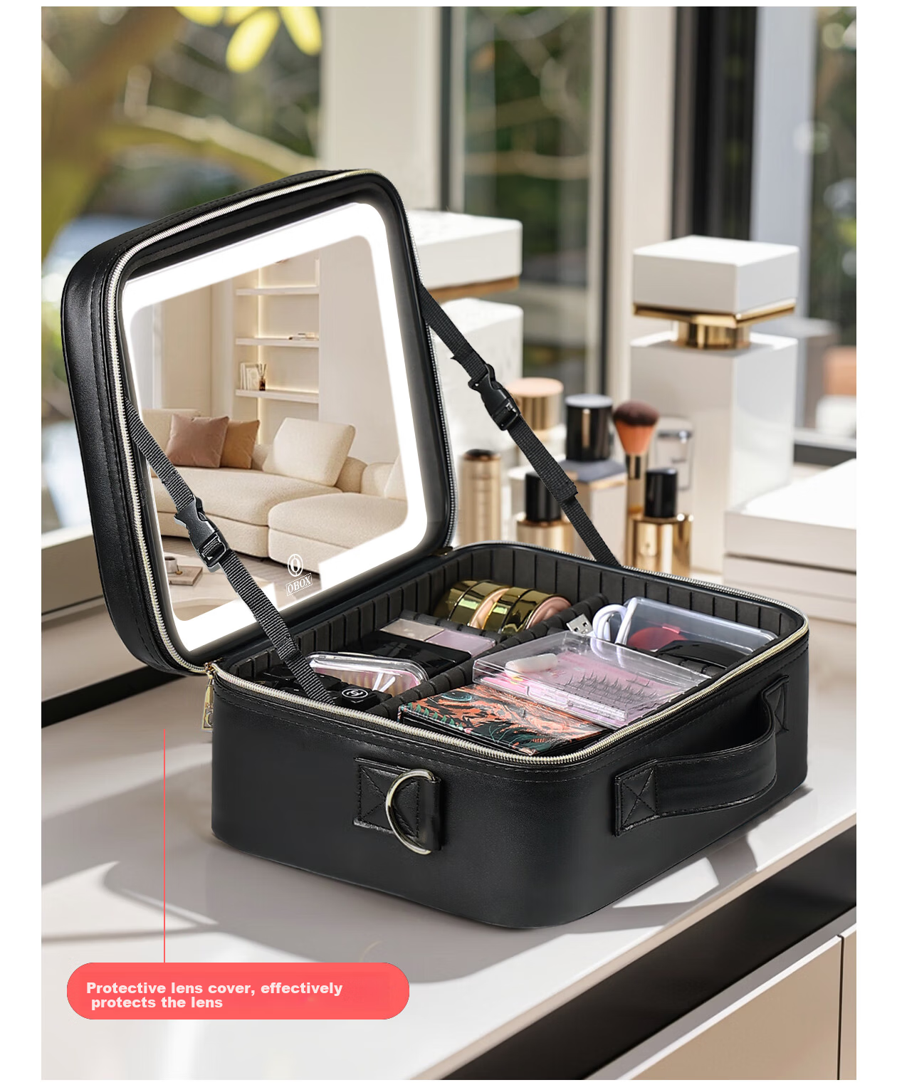 OBOX LED Lighted Makeup Bag with Mirror Large Capacity [Plaid Style] Black 12-inch Makeup Bag 6