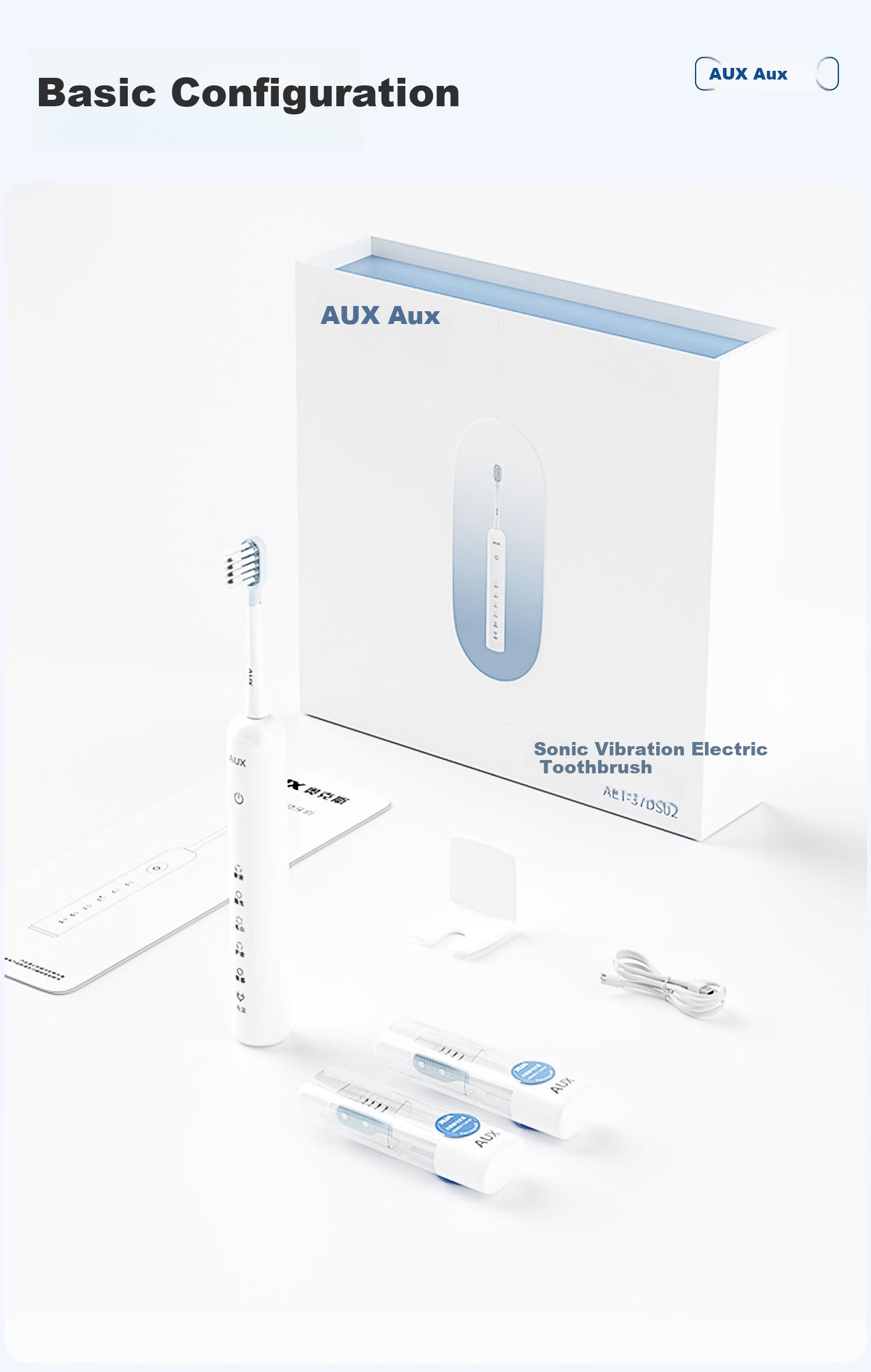 AUX Blue Light Sonic Electric Toothbrush S02 White + 2 Brush Heads Long Battery Life Soft Bristles Comfortable Whitening Deep Cleaning Gum Care Birthday Gift 15