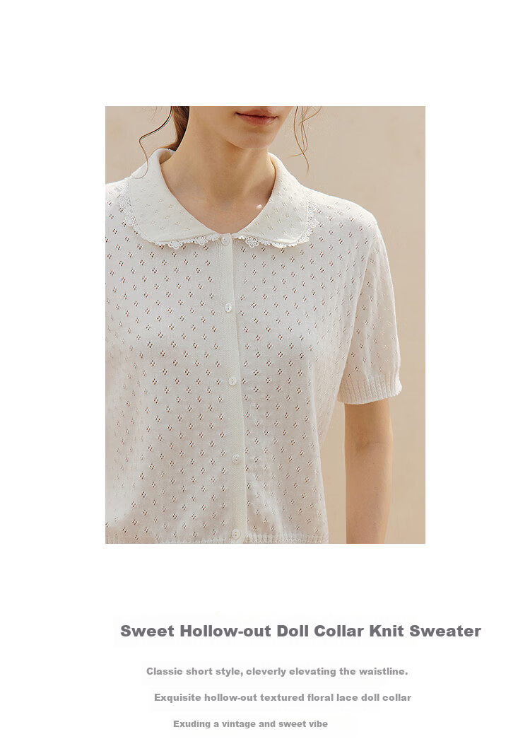 INMAN Hollow Lace Doll Collar Knit Cardigan 26 Summer New Sweet Versatile Short Sleeve Top Pearl White XL 3