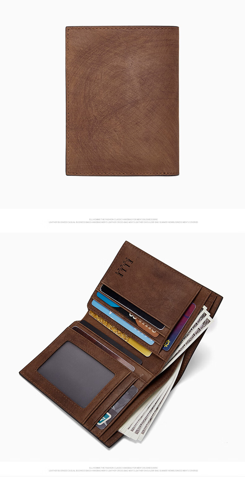 ELLE HOMME Vertical Wallet First Layer Cowhide Multi-Card Vintage Bi-Fold Card Holder 0330 Birthday Gift for Boyfriend 10