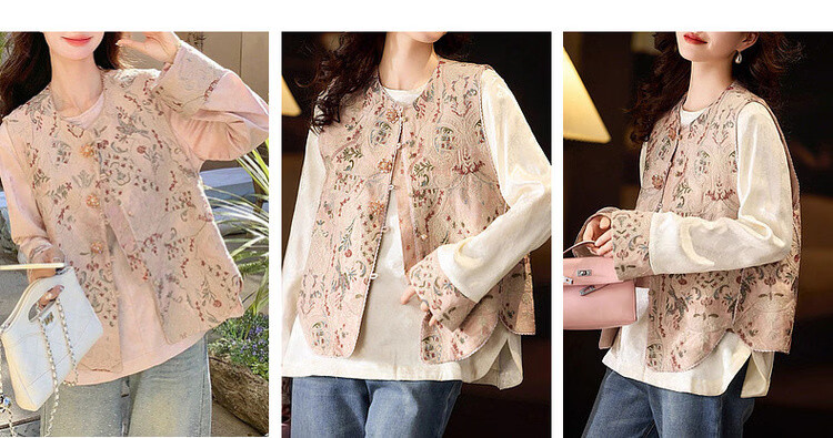 Demana Oriental Socialite Summer National Style New Chinese Round Neck Printed Sleeveless Floral Placket Slim Vest for Women Premium 6