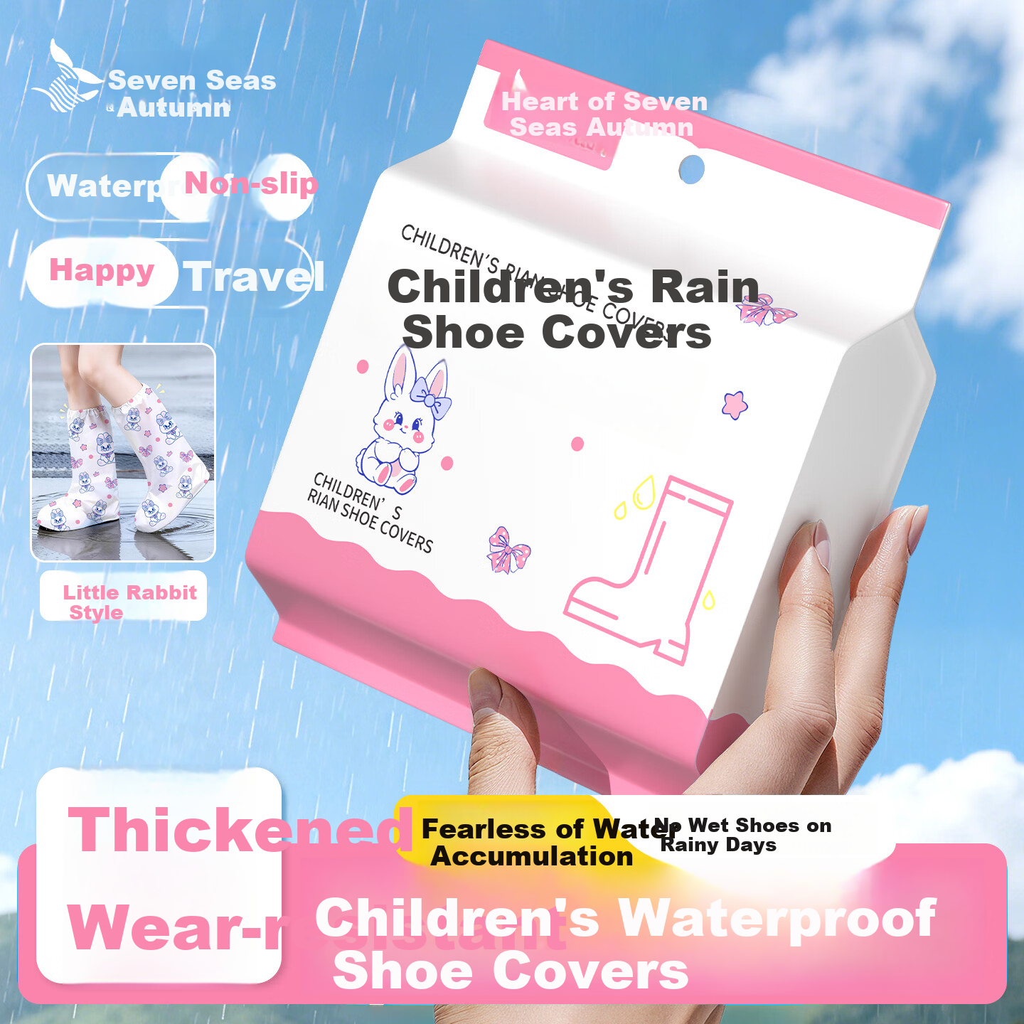 Qihaiqiu Kids Disposable Rain Shoe Covers Thickened Long Waterproof Non-slip Wear-resistant Rabbit Design - 6 Pieces Pack