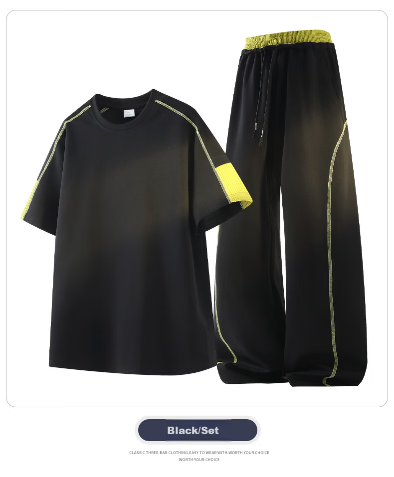 Wassup Sohot Men's Summer Sports Set Solid Color Crew Neck Short Sleeve T-Shirt Loose Fit Sports Pants Two-Piece Set Black XL 14