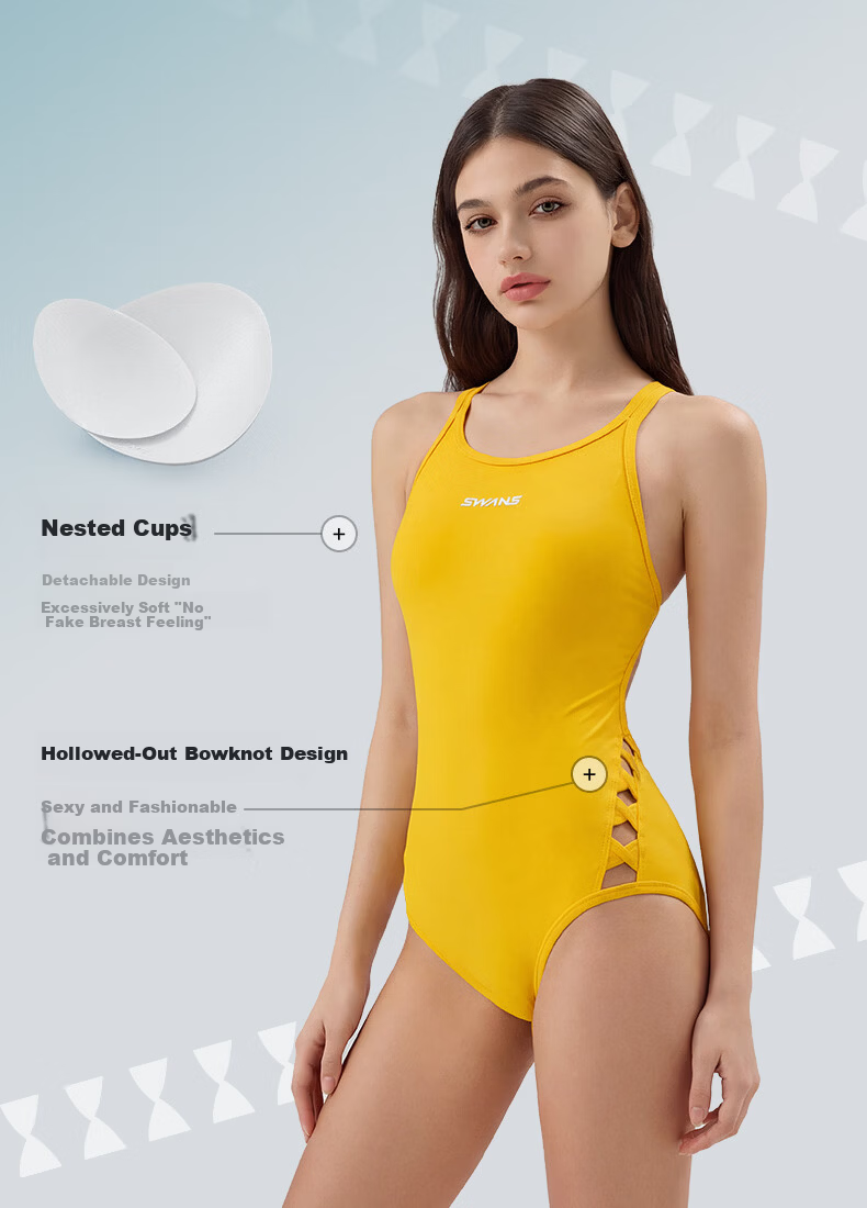 SWANS Women's Swimsuit, Triangle One-Piece Swimwear, Professional Quick-Dry Chlorine-Resistant Sun Protection Swimwear for Hot Springs, Jinbao Yellow, M 5
