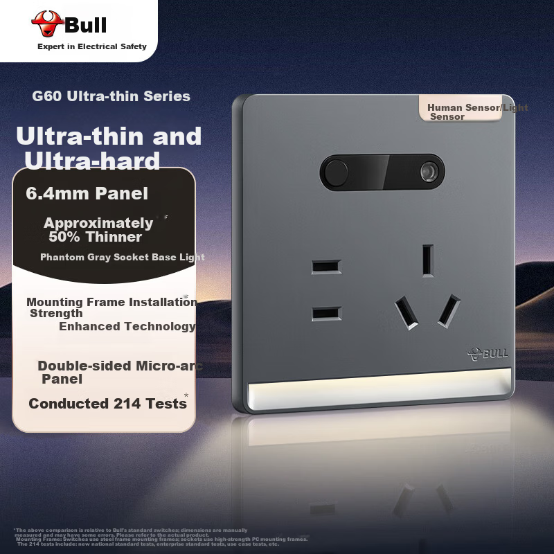 BULL Ultra-Thin Switch Socket with Night Light Five-Hole Socket with Night Light Foot Lamp Panel GTLZ223B Phantom Gray