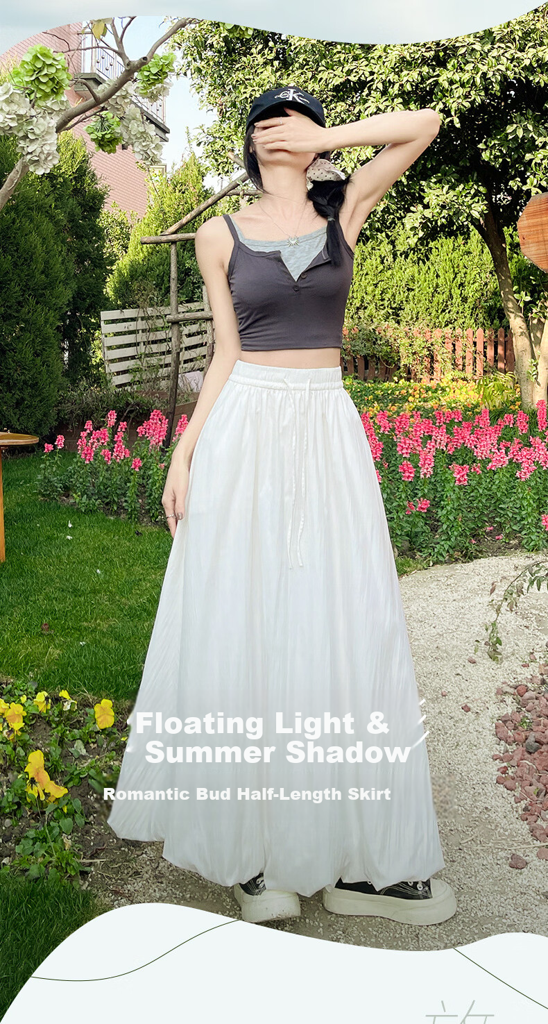 Langsha Bud Half Skirt Women Spring Summer Thin High Waist Loose Slim A-Line Puffy Cloud Mid-Length Skirt 3