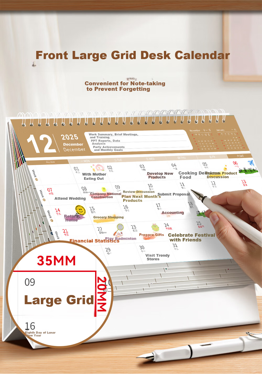 Congpai 2025 Desk Calendar Small Daily Planner 2026 Work Punch Calendar Large Grid Self-Discipline Schedule Good Luck Blooming Flowers 3