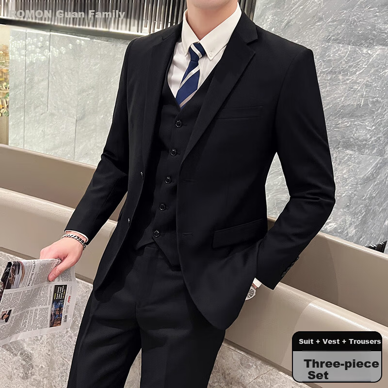 ROMON Men's Business Slim Fit Suit Jacket Black 4XL Wedding Groom Formal Wear