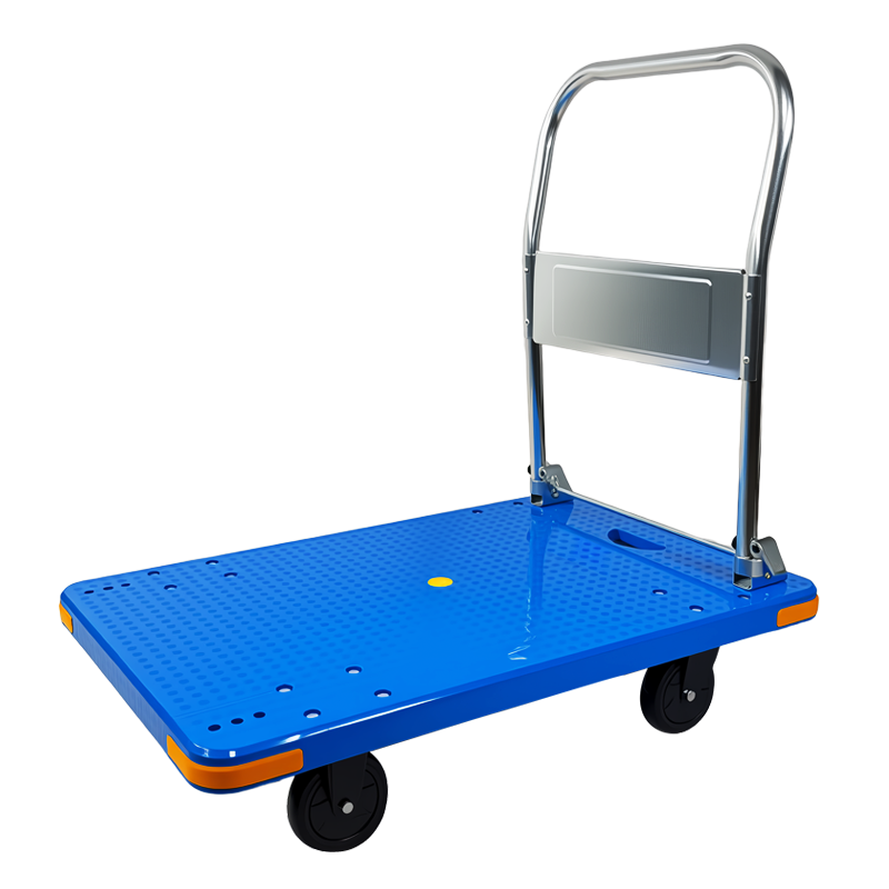 BYB Small Cart Flatbed Hand Truck Four-Corner Anti-Collision Hand Pull Cart 1000kg 90x60cm Renovation Small Trolley FZ-50 Blue