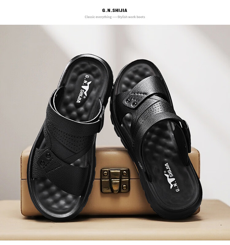Bull Family Men's Leather Sandals Summer New Genuine Leather Soft Sole Breathable Beach Shoes Men's Versatile Two-Way Commuter Casual Slippers 18
