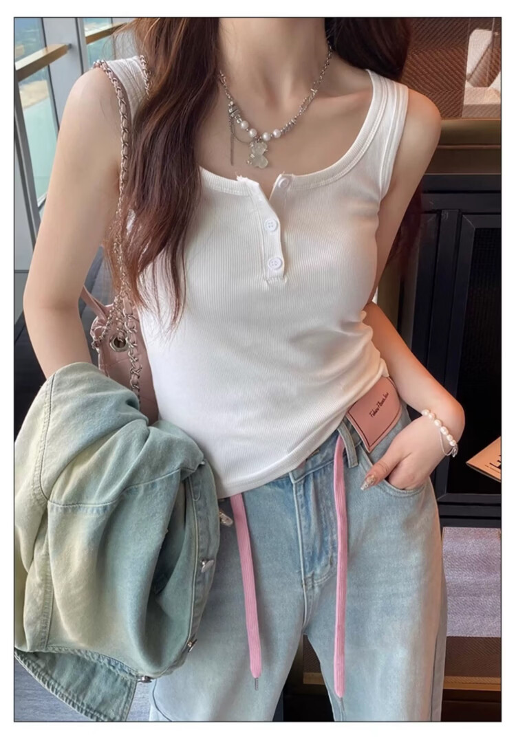Langsha Spicy Girl American Style Ribbed Button Slim Fit Tank Top for Women 27