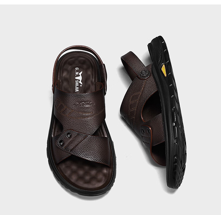 Bull Family Men's Leather Sandals Summer New Genuine Leather Soft Sole Breathable Beach Shoes Men's Versatile Two-Way Commuter Casual Slippers 44