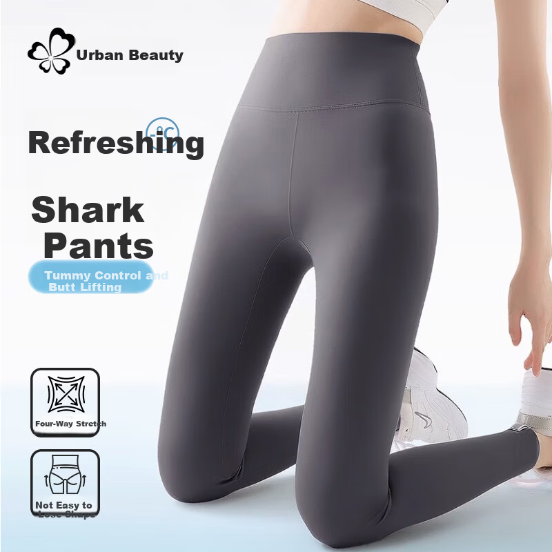 Urban Beauty High-Waist Elastic Slimming Nine-Point Sharkskin Leggings Summer Thin Yoga Pants Gray XL