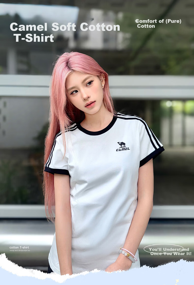 CAMEL Dilireba Same Style Pure Soft Cotton Oversized Unisex Short Sleeve T-Shirt C36BAXLN090A Cherry Pink XL 1