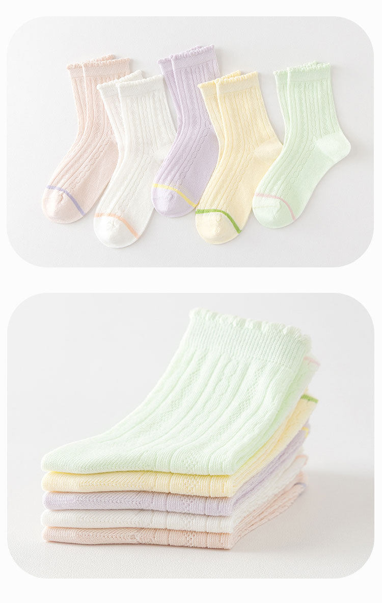 Miiow 5 Pairs Children's Socks Summer Thin Mesh Breathable Sweat-Absorbing Mid-Calf Socks Girls Ballet Style Spring Summer Class A Seamless Socks 10