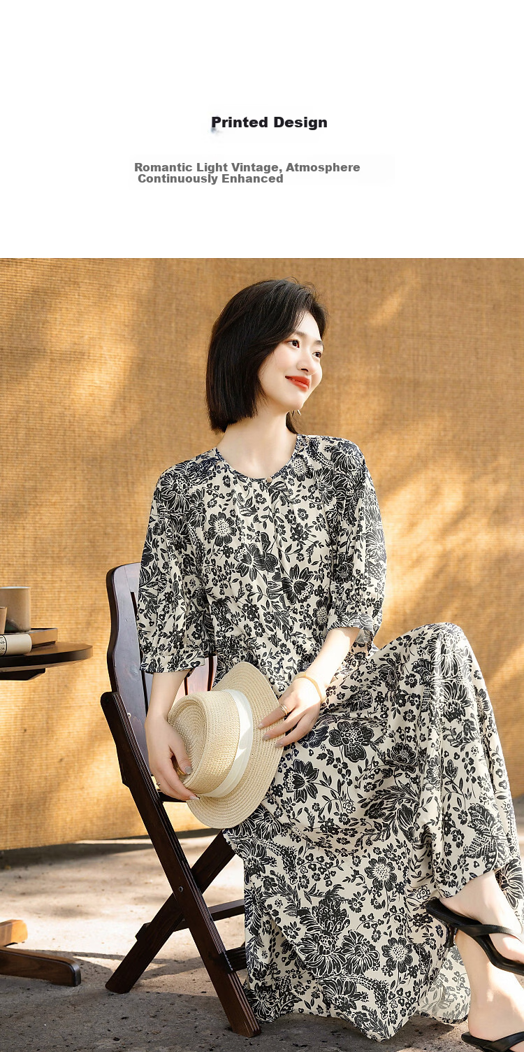 Demana Vintage Aesthetic Summer Urban Commuter Round Neck Printed Mid-Sleeve Satin Slim Fit Dress for Women High-End Feel 5