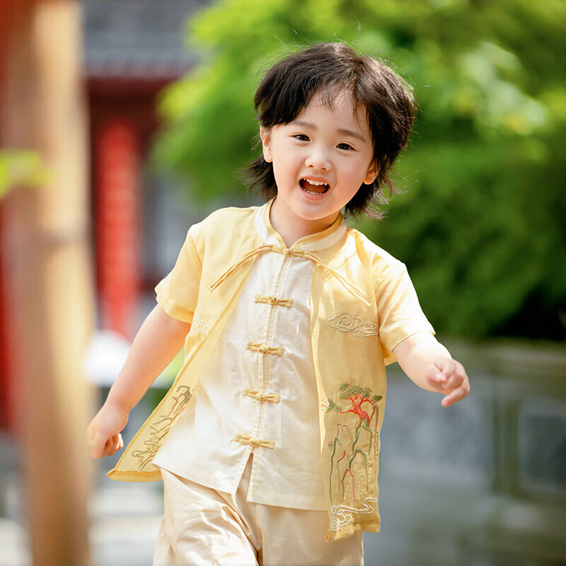 Menghu Xishan Hanfu Boys' 2026 New Tang Suit, Chinese Style New Children's Outfit, Yellow Top, Size 130