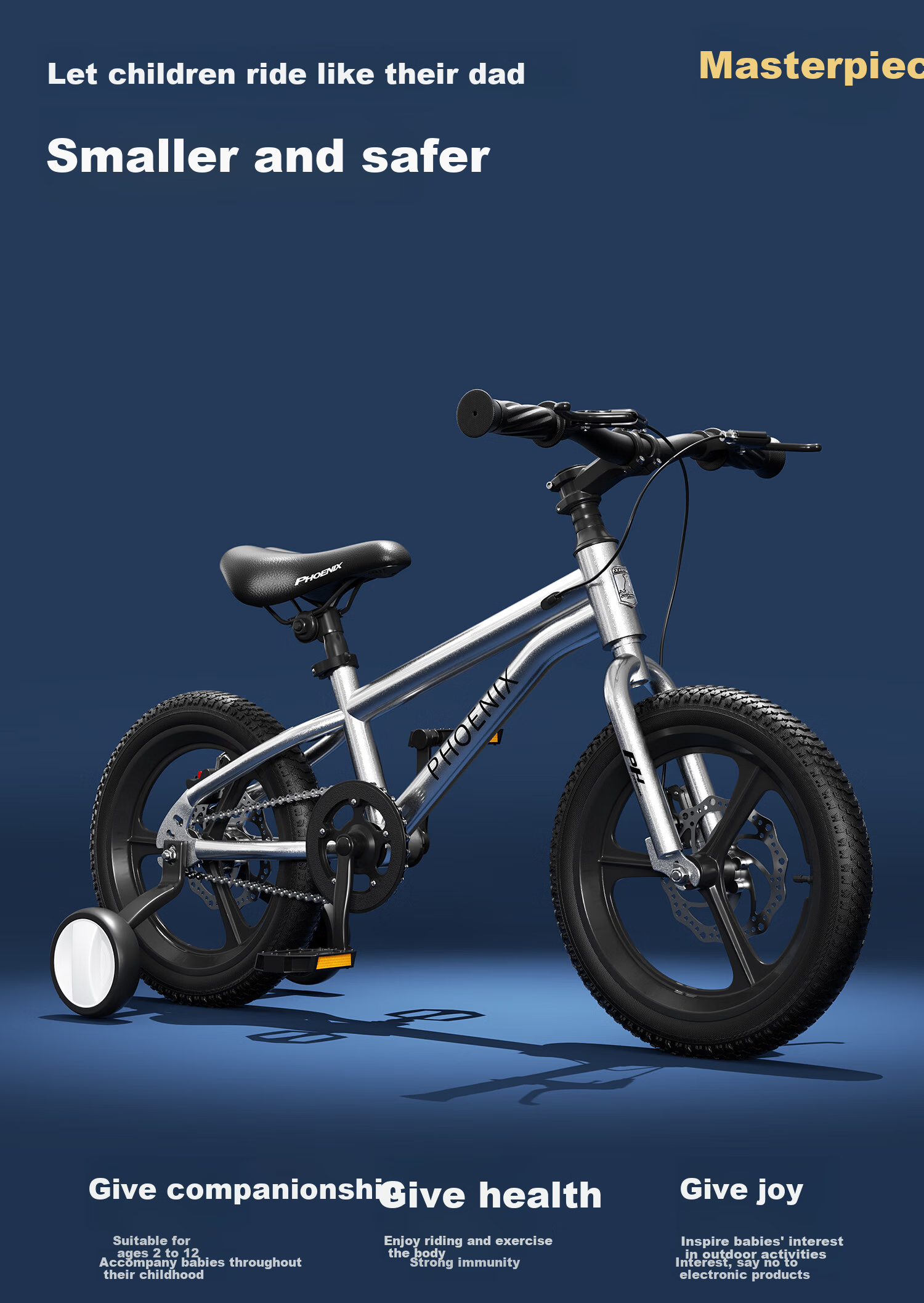 Phoenix Children's Bicycle Baby Pedal Bike 3-8-15 Years Old Kids Bike Dual Disc Brakes with Training Wheels 14 Inch Silver 1