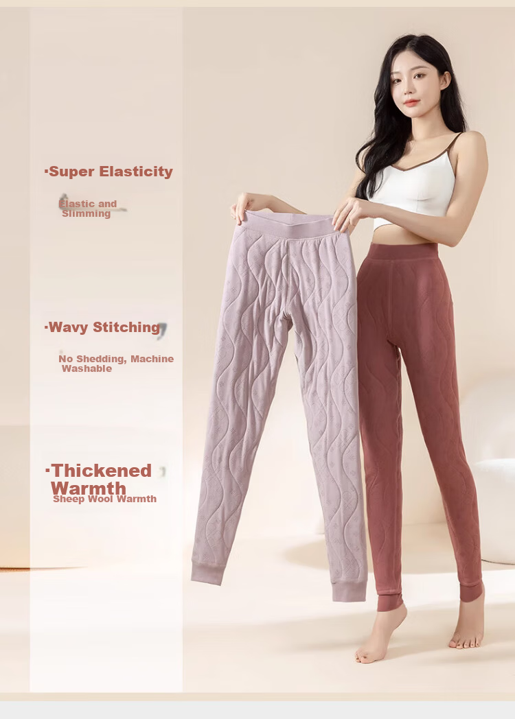 Langsha 100% Wool Thermal Pants Women Autumn Winter Fleece Lined Thickened High Waist Slim Fit Wool Leggings Black 4