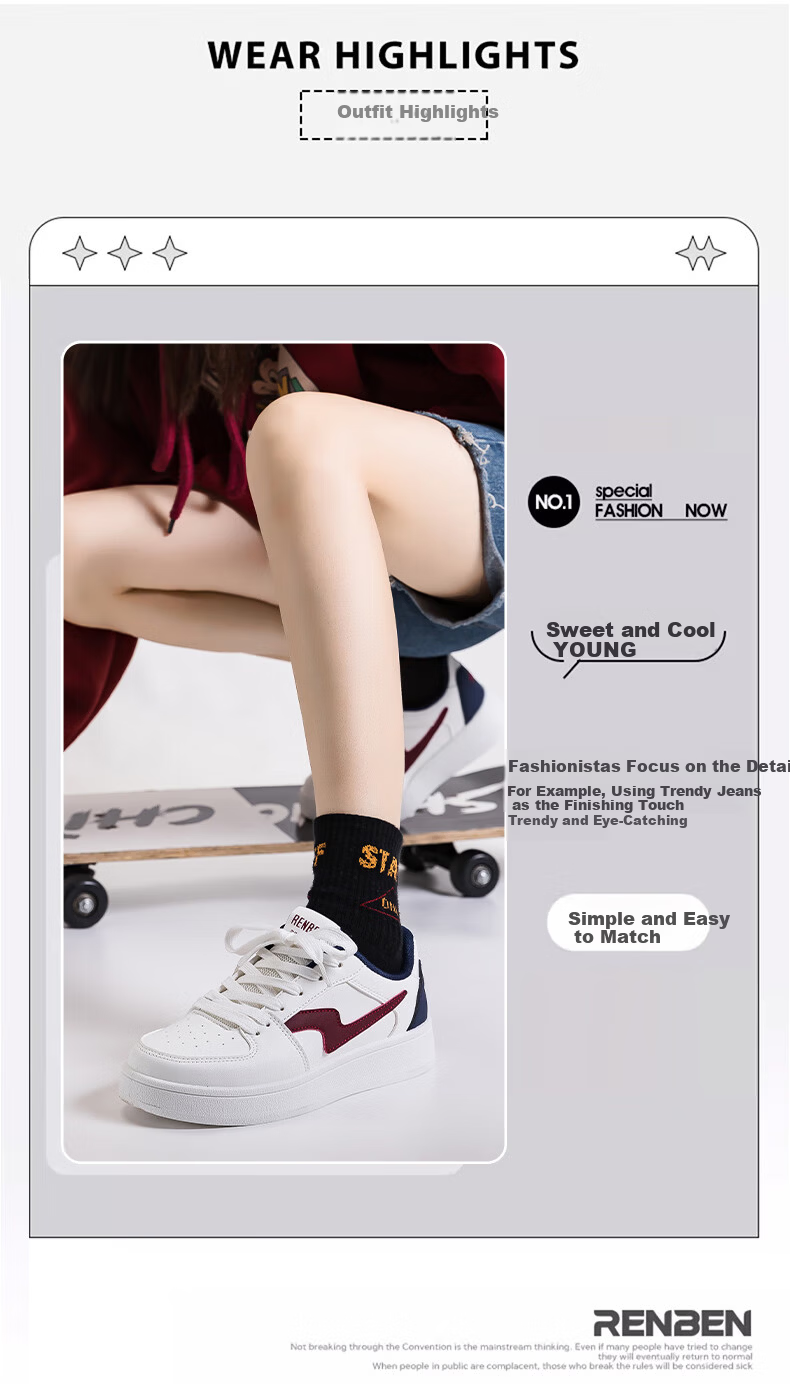 RENBEN Women's White Sneakers Ins Trendy Versatile 2026 New Student Korean Style High-End Popular Skate Shoes 5