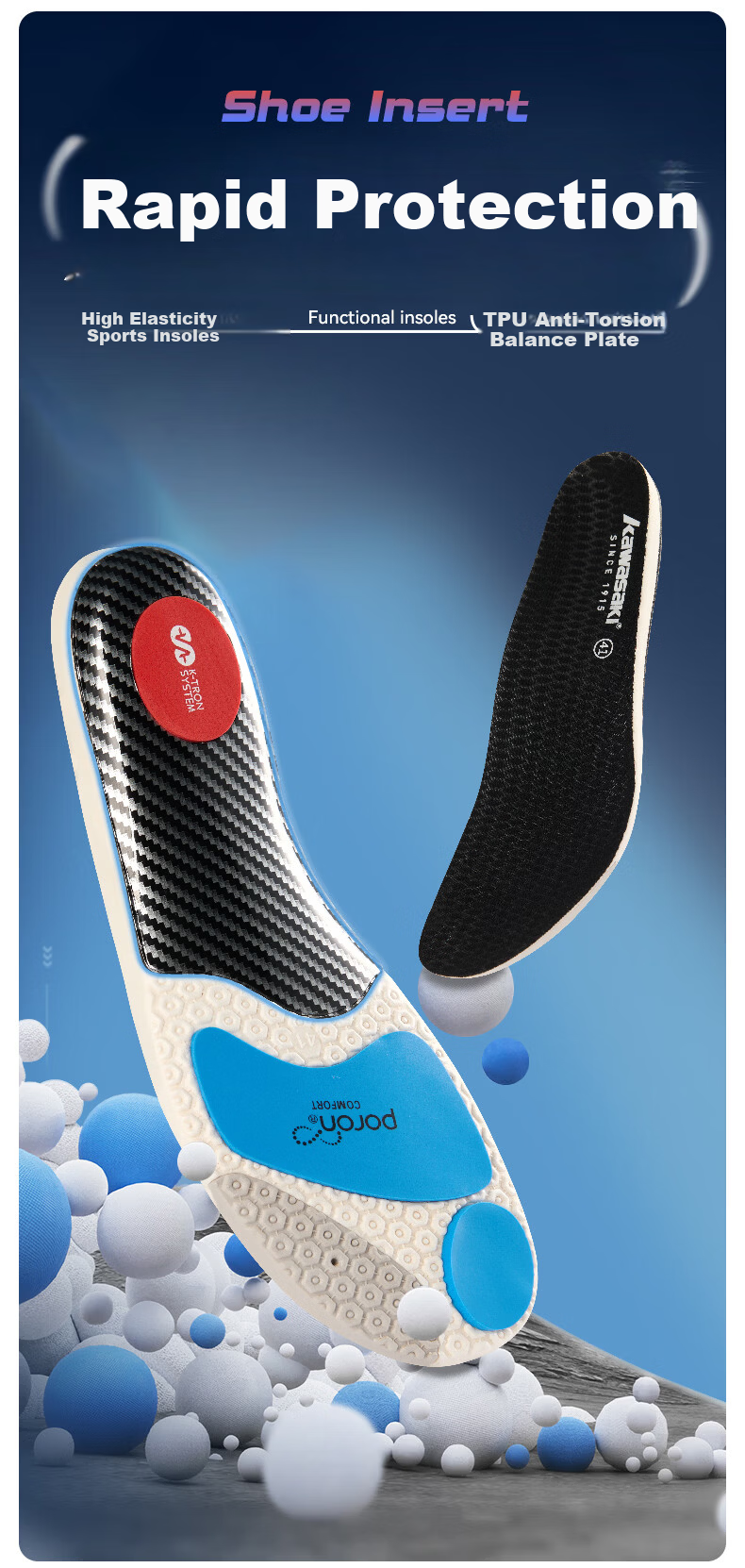 KAWASAKI Supercritical Shock Absorption Anti-Torsion Arch Support Professional Sports Badminton Insoles Unisex Black/White Size 43 2