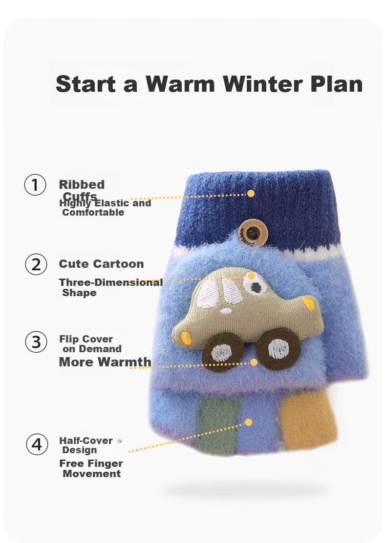 Aibaoqi Children's Winter Warm Flip Half Finger Gloves Boys Thickened Writing Fingerless Gloves T238 Blue 3