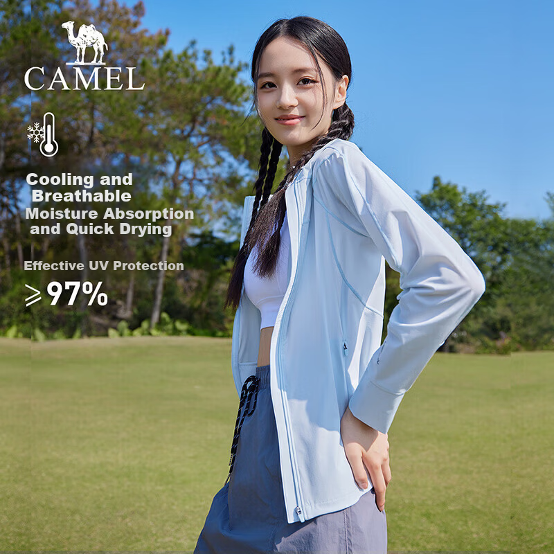 CAMEL Women's Sports Sun Protection Ice Cool Quick-Dry Outdoor Slim Fit Hooded Jacket C26BZ0L7046 Misty Blue L
