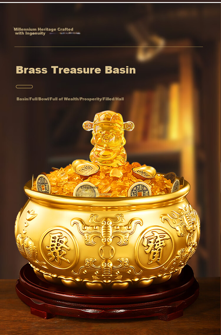 Bin Yue Brass Treasure Bowl Feng Shui Ornament Solid Copper Five Blessings Treasure Bowl Wealth Attracting Living Room Office Medium Size 6