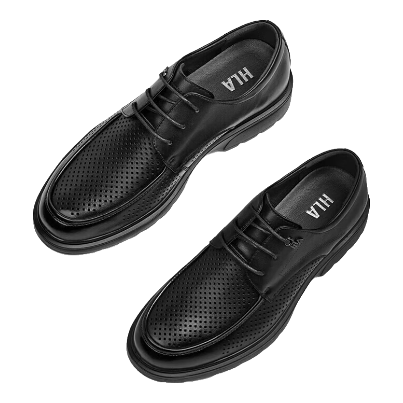 HLA Men's First Layer Cowhide Leather Shoes Summer Breathable Business Casual Leather Shoes T074 Black Size 44