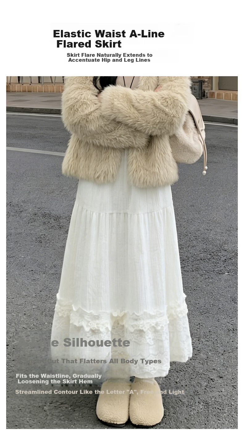 LangSha Women's Skirt 2026 Spring Lace Cake Skirt High Waist Elastic Plush Soft A-Line Long Skirt 6