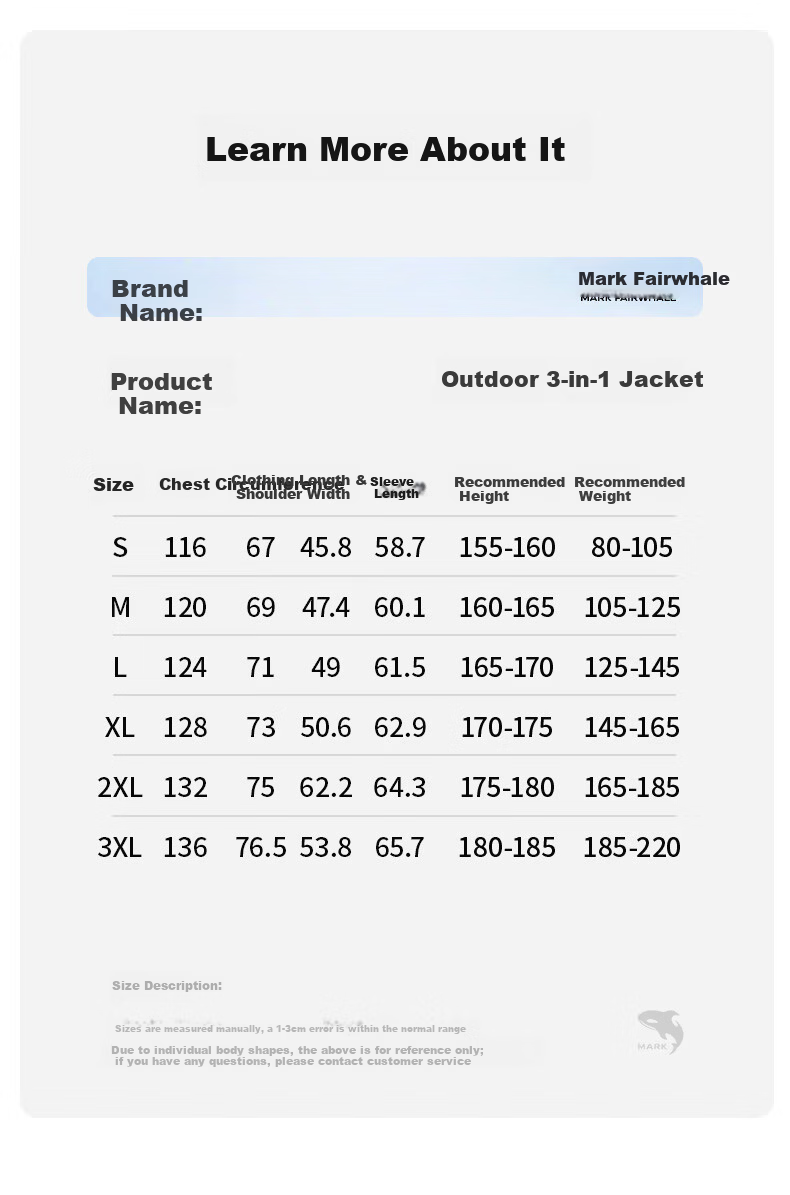 MARK FAIRWHALE 3-in-1 Detachable Jacket Unisex 2025 Autumn Winter Outdoor Water-Repellent Workwear Khaki XL 3