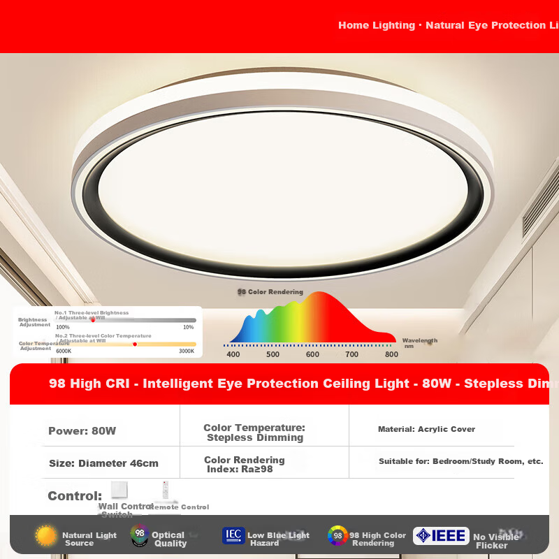 Laberta Full Spectrum Ceiling Light Bedroom Simple Modern Eye Protection Anti-Glare Children's Room Lighting Remote Control Stepless Dimming - 80W
