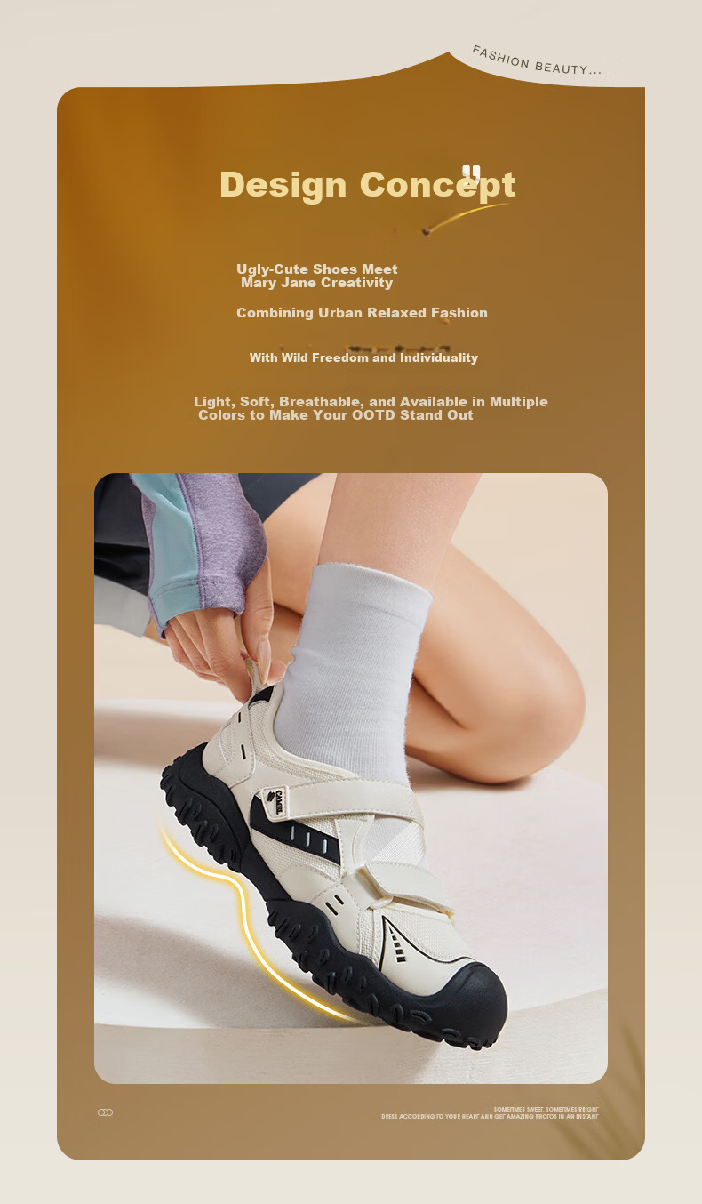 CAMEL Cute Ugly Style Women's Breathable Outdoor Casual Shoes Magic Tape Sports Sandals L26M577012 Beige/Black 38 2
