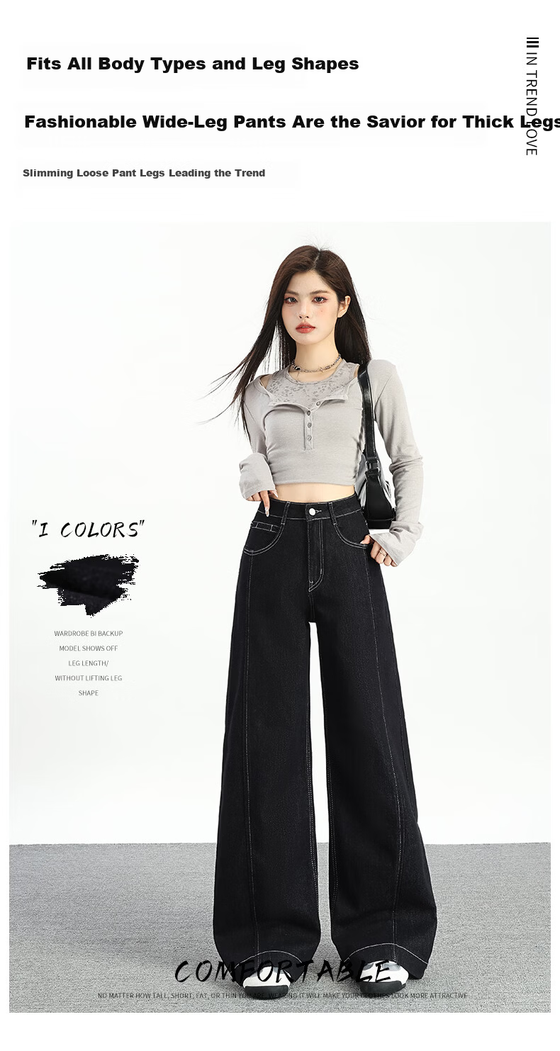 Jeanswest Women's Summer Wide-Leg Loose Lazy Floor-Length Straight High-Waist Denim Blue Jeans XS 1