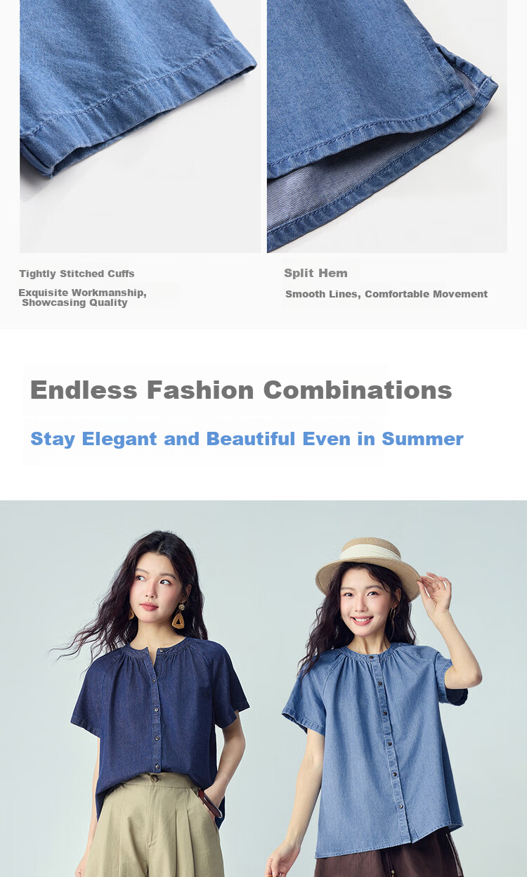 Giordano Summer New Lightweight Pure Cotton Loose Pleated Round Neck Raglan Short Sleeve Denim Shirt for Women 13346224 7